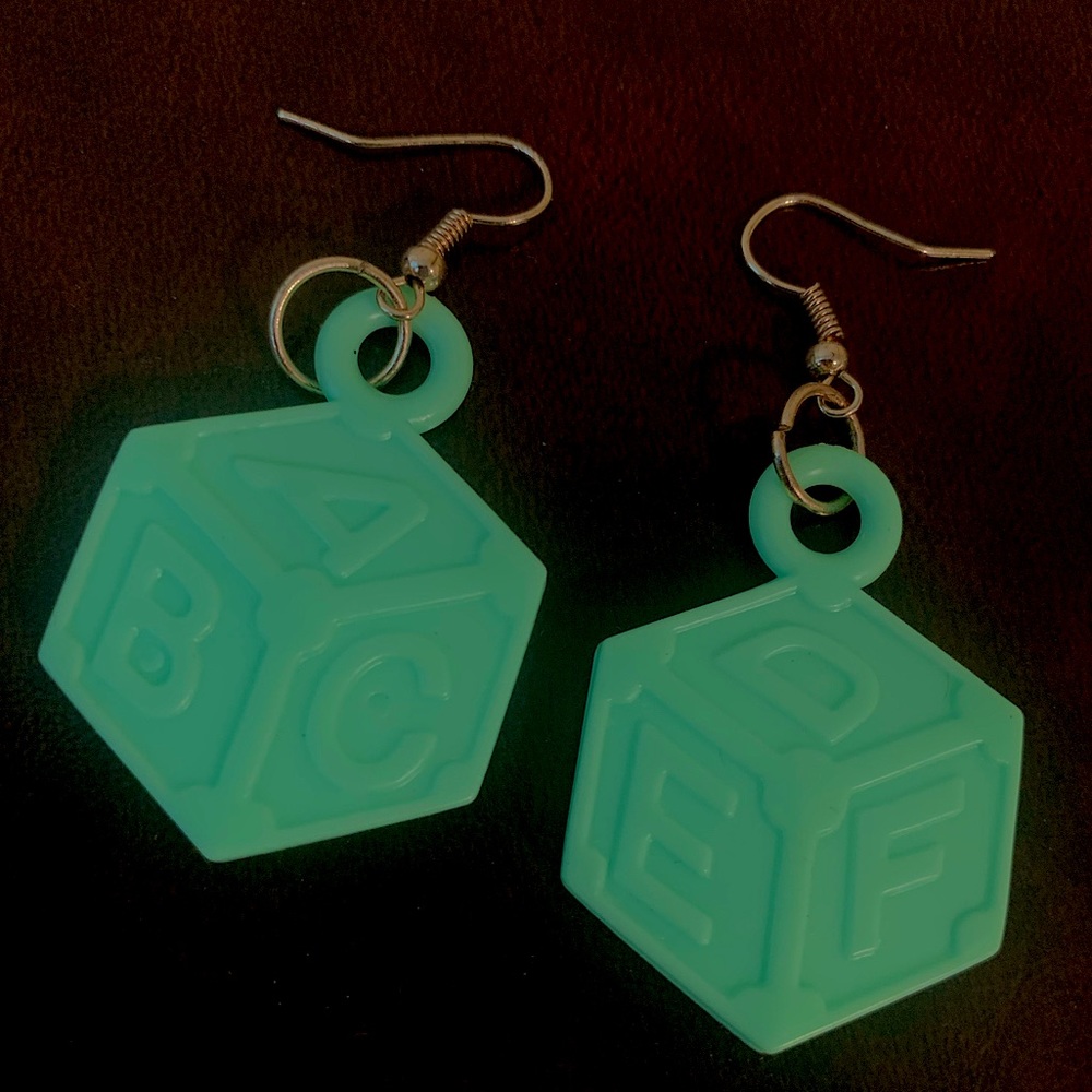 never worn, handmade, ABC block earrings